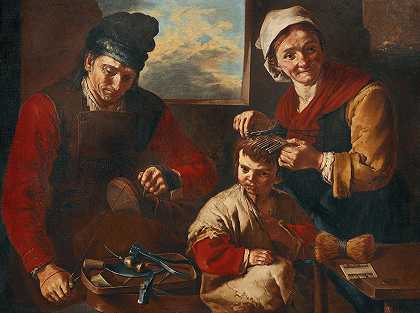 一个鞋匠和一个女人给孩子剪头发`A cobbler and a woman cutting a child’s hair by Giacomo Francesco Cipper