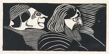 幻想左边是两个男性头像，左边是一个相反方向的头像`Fantasie; twee mannenkoppen in profiel naar links, links een profiel in tegengestelde richting (1918) by Samuel Jessurun de Mesquita