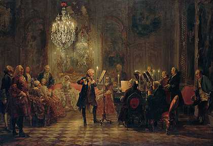 与弗雷德里克大帝在桑苏奇举行的长笛音乐会`Concert for flute with Frederick the Great in Sanssouci (1850~1852) by Adolph Menzel