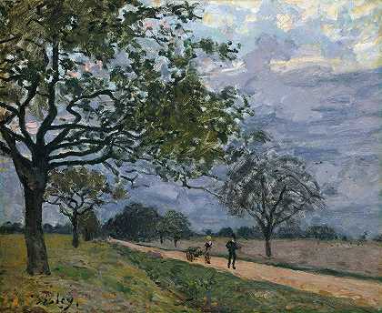 从凡尔赛到卢韦西恩斯的道路`The Road from Versailles to Louveciennes (1879) by Alfred Sisley