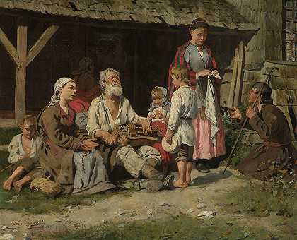 类型场景——小屋前的一名快步舞者`Genre scene – a hurdy~gurdy player in front of a cottage (1887) by Kazimierz Pochwalski