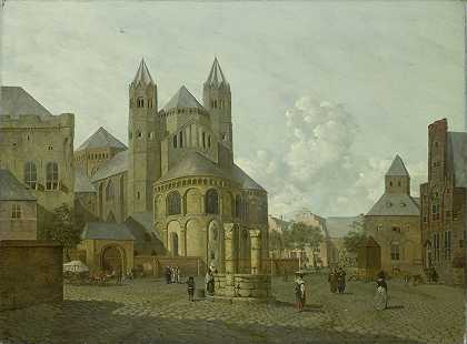 想象中的罗马式教堂城市景观`Imaginary Cityscape with Romanesque Church (1793) by Johannes Huibert Prins