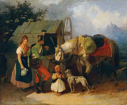 胡萨尔在井边`Husar am Brunnen (1845) by Wilhelm Richter
