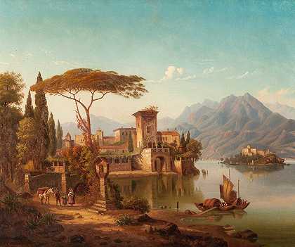 意大利北部景观（可能是科莫湖）`Northern Italy Landscape (possibly Lake Como) (1877) by Hermann August Kruger