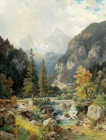 伯赫特斯加登附近与瓦茨曼的场景`Scene near Berchtesgaden with Watzmann by Ludwig Sckell