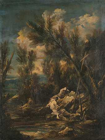 风景中的卡尔图西亚僧侣`Carthusian Monks in a Landscape (1700 ~ 1749) by Alessandro Magnasco