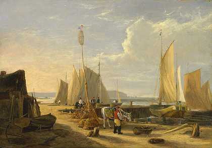 怀特岛的一个港口场景，望向针叶`A Harbor Scene in the Isle of Wight, Looking Towards the Needles by George Vincent