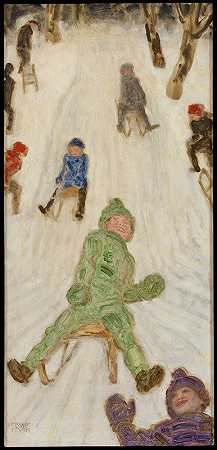 雪橇雪橇儿童`Schlittenfahrt ; Rodelnde Kinder (ca 1926) by Franz von Stuck