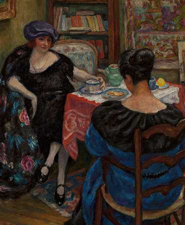 一杯茶（参观）`Cup of tea (Visit) (1922) by Józef Pankiewicz
