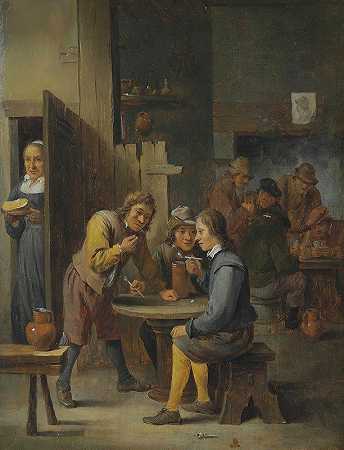 里面酒馆里的人物`Figures in a tavern interior by David Teniers The Younger