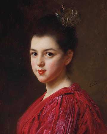 穿红裙子的女人`Femme à la robe rouge by Gustave Jean Jacquet
