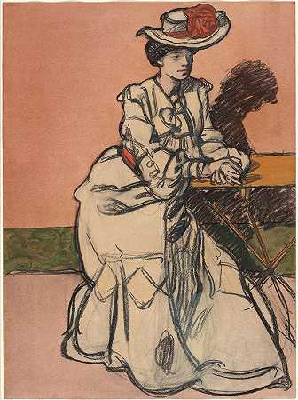 一位优雅的巴黎人坐在咖啡馆里`An Elegant Parisiènne Seated in a Café (c. 1895) by Maxime Dethomas