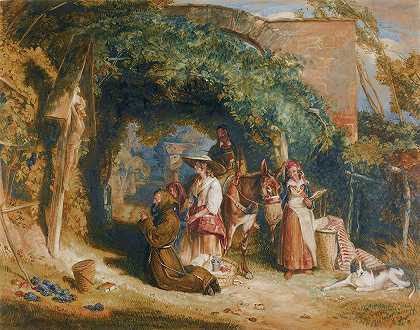 意大利蒂罗尔的农民们在祈祷`Peasants Of The Italian Tyrol At Their Devotions (1829) by John Frederick Lewis
