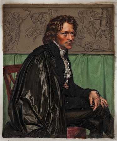 穿着圣卢卡学院服装的桑瓦尔森肖像`Portrait Of Thorvaldsen In The Costume From The San Luca~Accademy (1843) by Carl Balsgaard