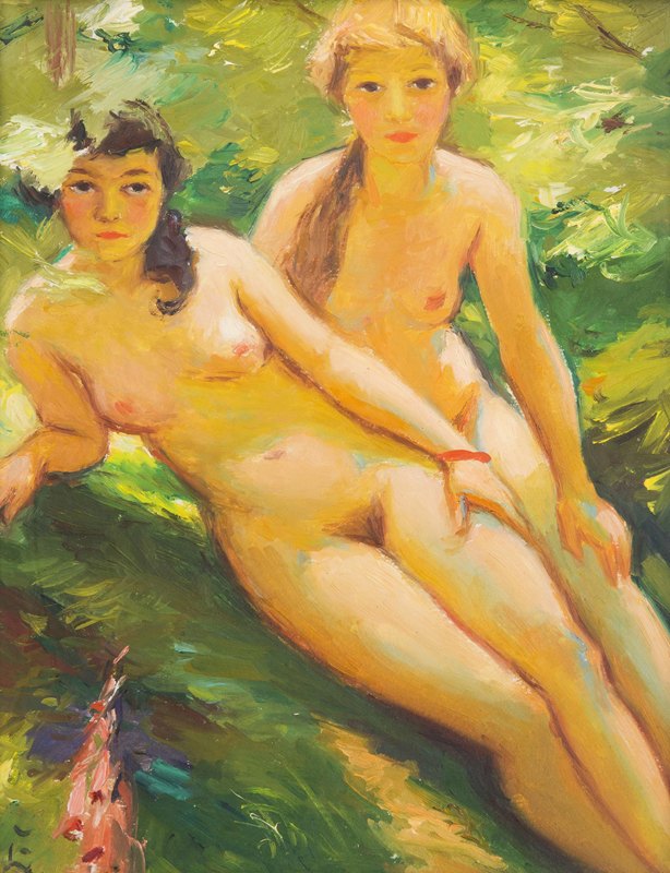 两个裸体女孩`Two Nude Girls by František Šindelář