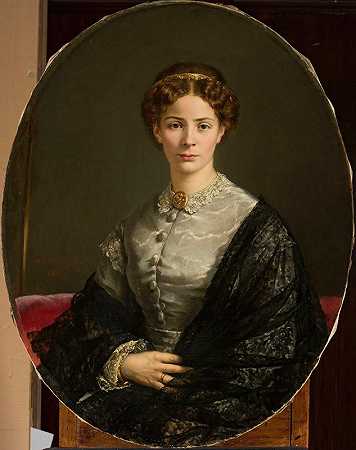 一位戴花边围巾的女士的肖像`Portrait of a lady in a lacy scarf by Adalbert Begas