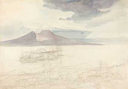 维苏威火山和佩莱格里诺山全景`Panoramic Views of Vesuvius and Monte Pellegrino (1827) by Carl Rottmann