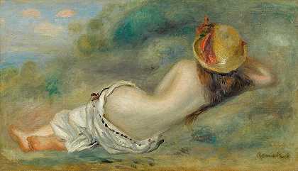 背部躺着的沐浴者，戴着一顶金色的草帽，躺在L草`Baigneuse Allongée De Dos Avec Un Chapeau De Paille Or Femme Couchée Sur Lherbe (1892.) by Pierre-Auguste Renoir