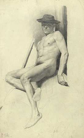裸体男子戴着帽子坐着`Sitzender männlicher Akt mit Hut by Gustav Klimt