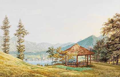 戴着大伞欣赏特格尔西湖`Ansicht vom Tegernsee mit dem großen Paraplui (1831) by Heinrich Adam
