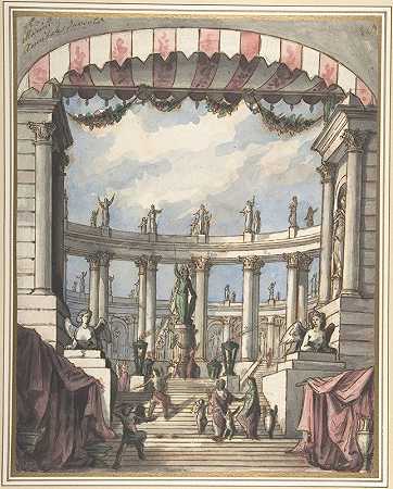 舞台布景设计带有密涅瓦雕像的古典庭院和柱廊`Design for a Stage Set; A Classical Courtyard and Colonnade with a Statue of Minerva (1780–90) by Leonardo Marini
