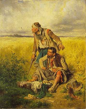 玉米地里的强盗`Robbers in a Cornfield (1852) by August von Pettenkofen