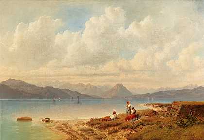 波登塞派对（康斯坦斯湖上的场景）`Partie am Bodensee (Scene on Lake Constance) by Maximilian Haushofer