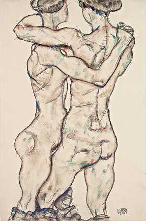 裸体女孩拥抱`Naked Girls Embracing (1914) by Egon Schiele