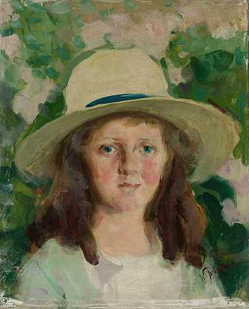 戴帽子的女孩的肖像`Portrait of a girl in a hat (from 1875 until 1900) by Witold Pruszkowski
