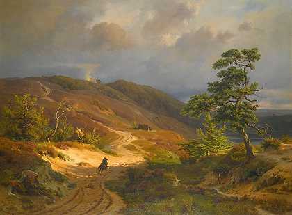 风景中的骑手`Rider In A Landscape (1853) by Ludwig Gurlitt