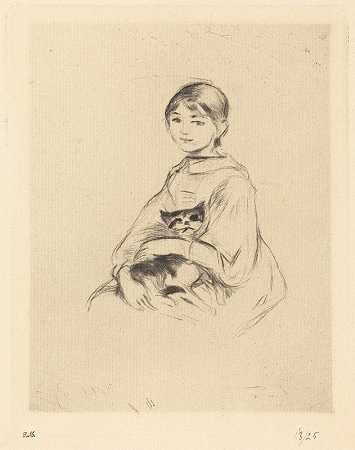 带猫的小女孩`Little Girl with Cat (1888~1890) by Berthe Morisot