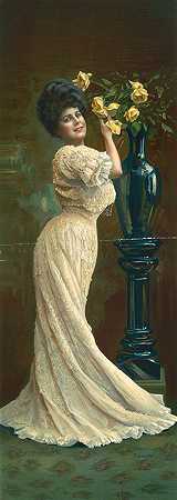 穿着蕾丝连衣裙的女人在花瓶里插黄玫瑰`Woman with lace dress arranging yellow roses in a vase (1907)
