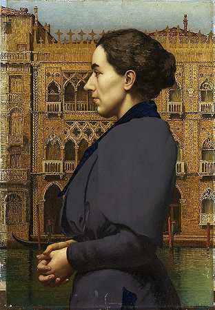 安娜·科斯曼在威尼斯卡多罗前的肖像`Portrait of Anna Cossmann before Ca d’Oro in Venice (1894) by Karl Von Pidoll