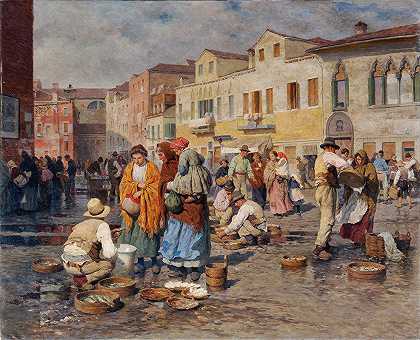 威尼斯的鱼市`Fischmarkt in Venedig (1944) by Carl Feiertag