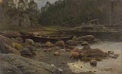 水边有船`Waterside with Boats (1869) by Anders Askevold