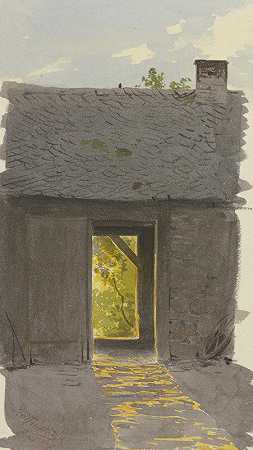 在黄昏的灯光下，透过谷仓敞开的门观看`Blick durch die geöffneten Türen einer Scheune im Abendlicht (1847) by Carl Theodor Reiffenstein
