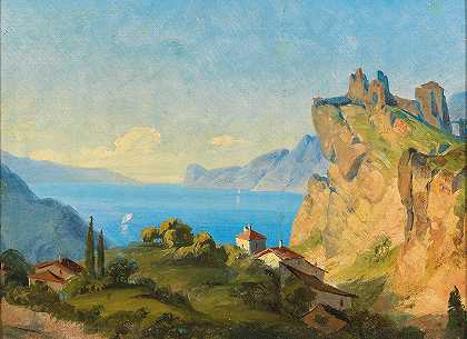 加尔达湖上的纳戈风景`View of Nago on Lake Garda by Edmund Von Wörndle