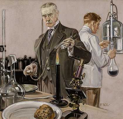 为实验计时，霍华德观看广告插画`Timing an Experiment, Howard Watch ad illustration (1910) by Frank Xavier Leyendecker