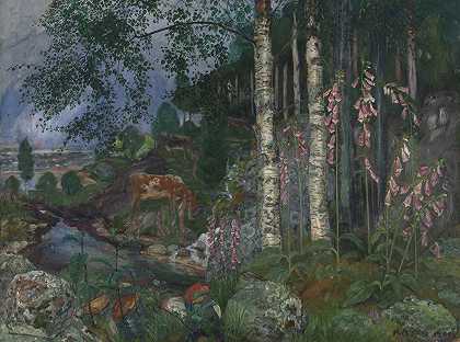 狐狸手套`Foxgloves (1909) by Nikolai Astrup
