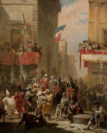 罗马科索狂欢节`Carnival at the Corso in Rome (1869) by Karol Miller