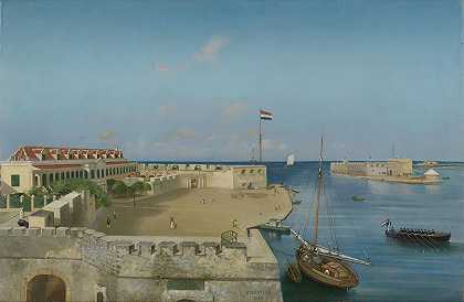 威伦斯塔德的港口入口和政府宫殿`De haveningang van Willemstad met het Gouvernementspaleis (1858) by Prosper Crébassol