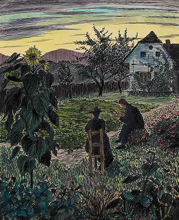 晚上在花园里`Abend im Garten (around 1925) by Karl Wiener