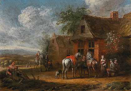 客栈前的骑手`Riders in front of a tavern by Cornelis van Essen