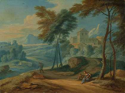 树木繁茂的意大利风景画`Wooded Italianate Landscape with Figures (c. 1750) by Frans Boudewyns