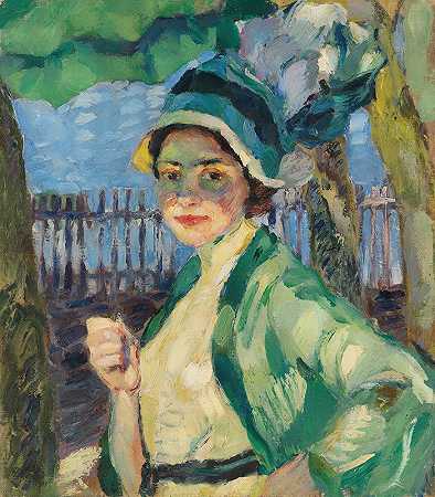 绿伞下的一位女士肖像（弗里达·布莱尔）`Porträt einer Dame unter grünem Schirm (Frieda Blell) (1911) by Leo Putz