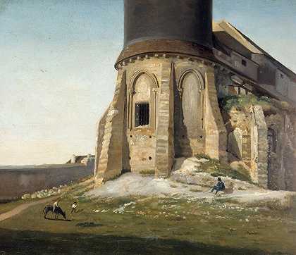 L蒙马特教堂，有查普电报塔。`Léglise de Montmartre, avec la tour du télégraphe Chappe. (1825) by Etienne Bouhot