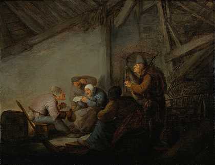 酒馆里的农民，可能是对听觉的描述`Peasants In A Tavern, Possibly A Depiction Of The Sense Of Hearing by Adriaen van Ostade