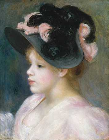 戴着粉色和黑色帽子的年轻女孩`Young Girl in a Pink~and~Black Hat (ca. 1891) by Pierre-Auguste Renoir