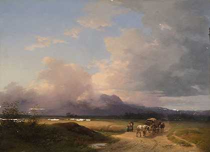 阿尔卑斯山之前的景观，马车在路上`Voralpenlandschaft mit Fuhrwerk auf der Straße (1847) by Ignaz Raffalt
