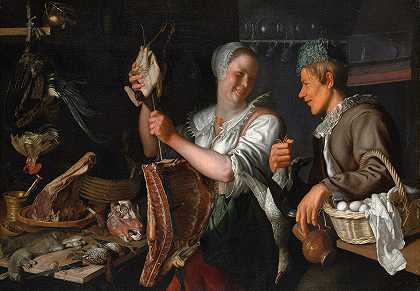 厨房场景`Kitchen Scene (1620s) by Peter Wtewael